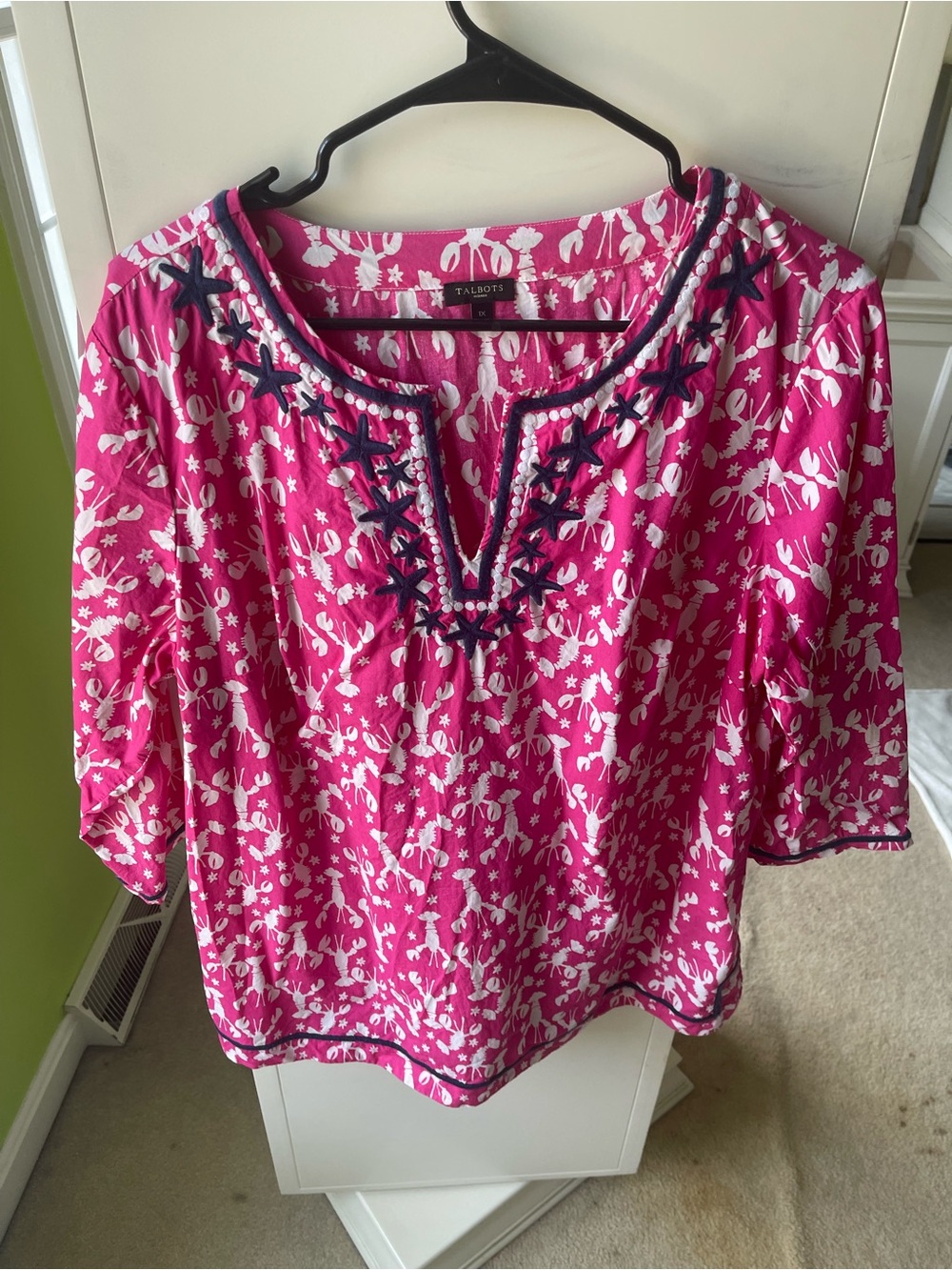 Talbots Fuchsia Floral V-Neck Tunic with Navy Embroidery